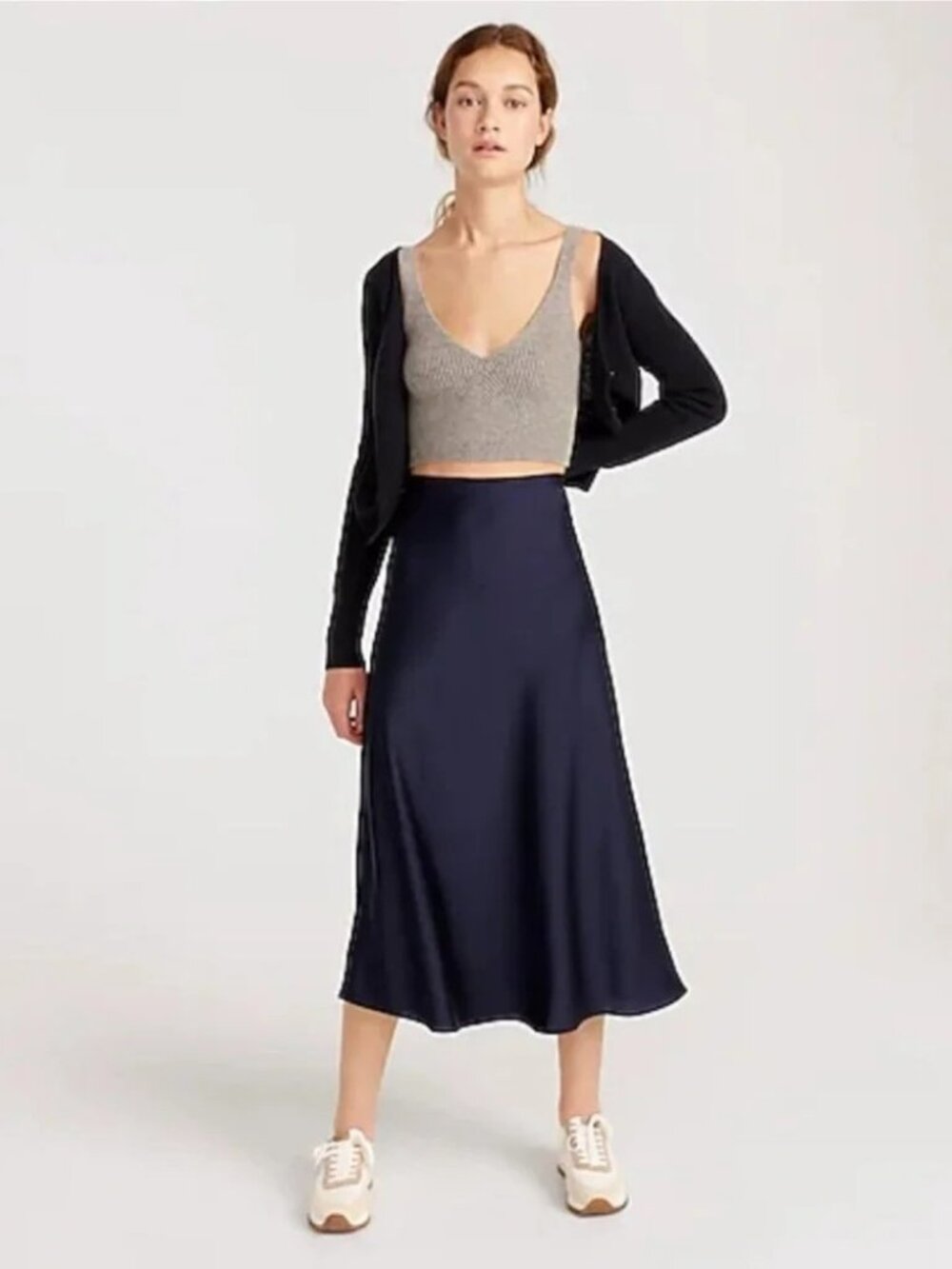 J. Crew Navy Satin Midi Slip Skirt